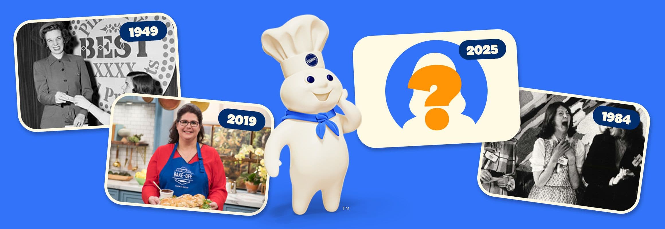 Multiple photos of women throughout the decades and a blank photo with a question mark for 2025. Pillsbury Doughboy is standing in the middle.