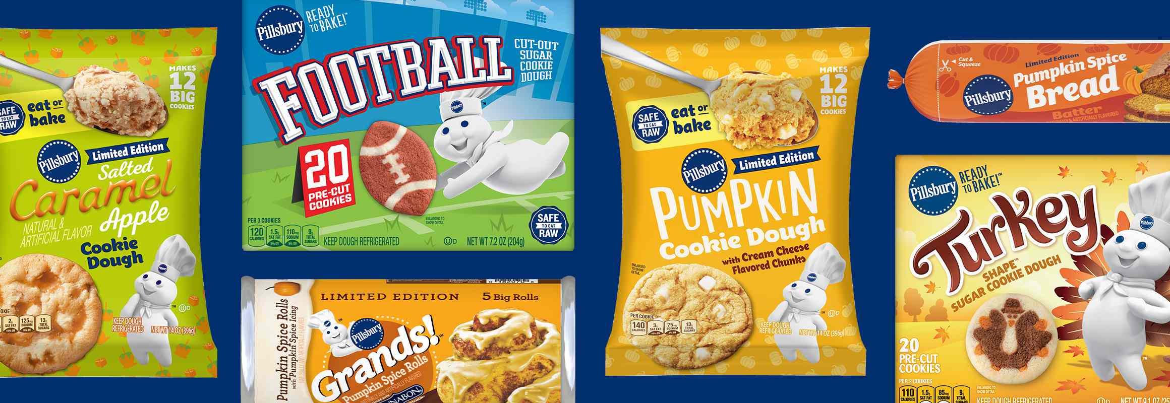 Pillsbury Doughboy’s favorite treats such as  Pumpkin Shape Cookie Dough, Grands Pumpkin Spice Rolls and more