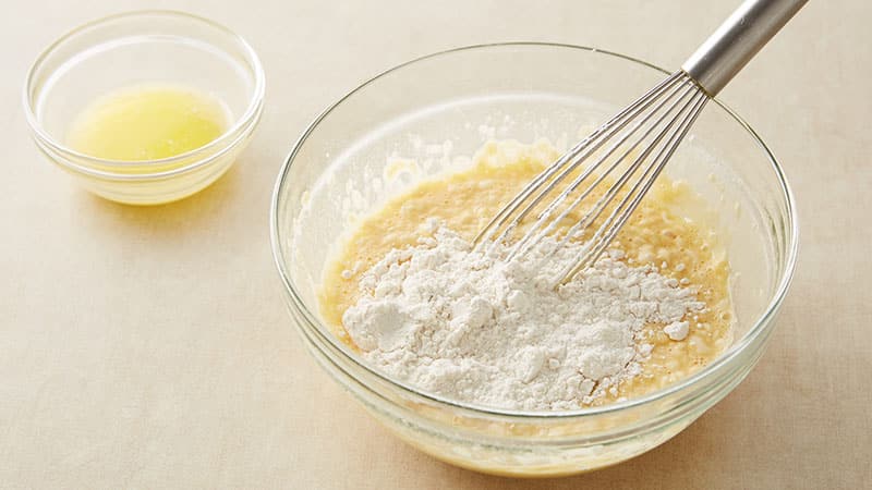 Mix eggs, milk, melted butter, flour and salt.