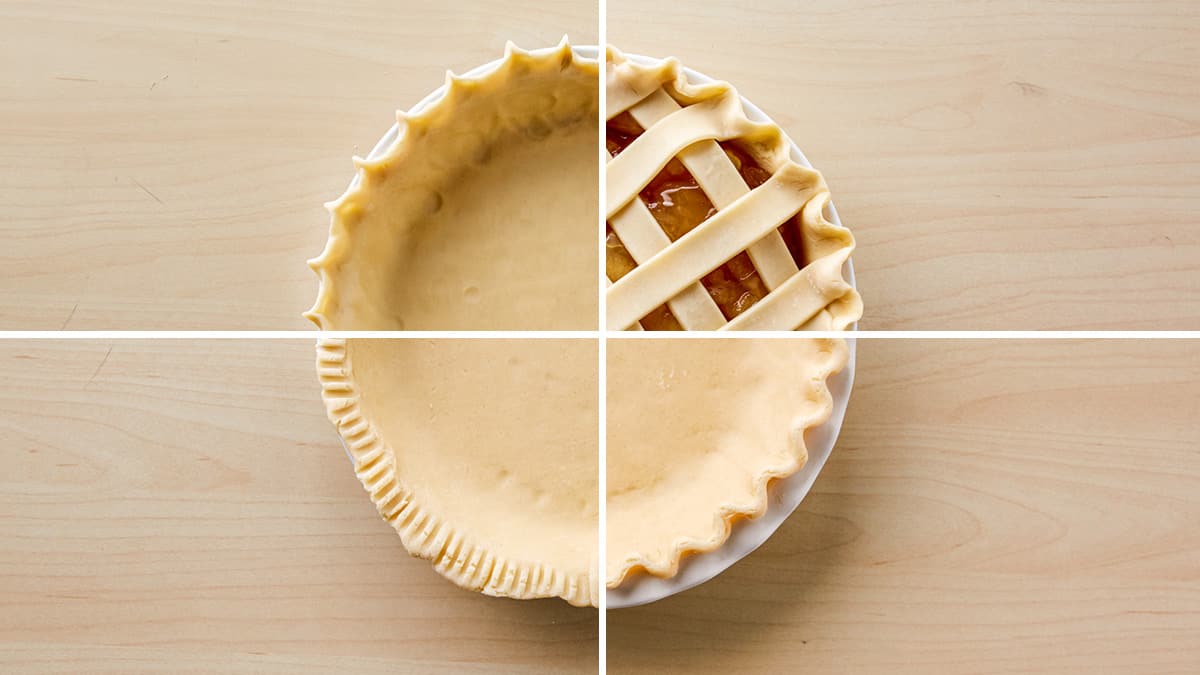 A photo split into 4 stages showing different ways to pinch your Pie crust and/or use a pie crust topping