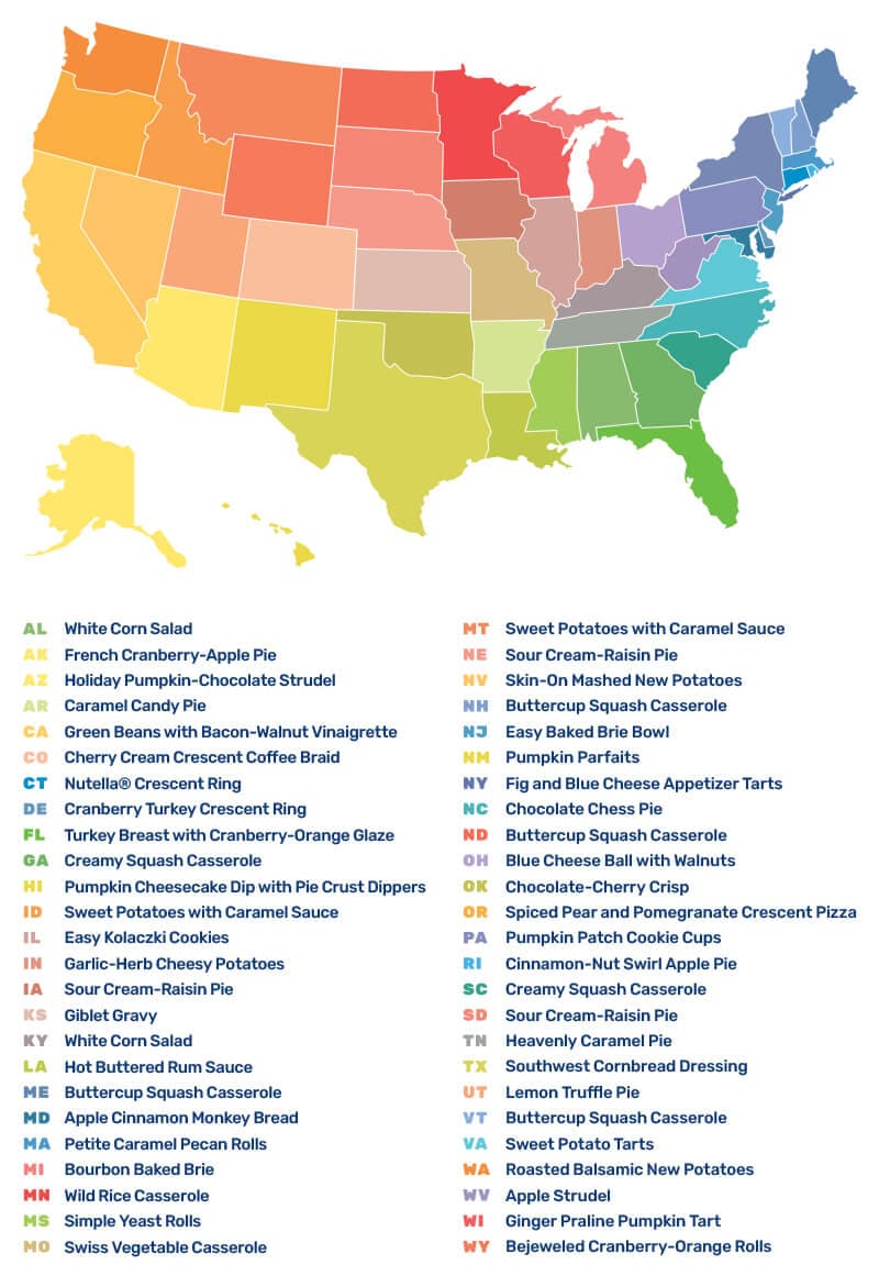 Map of the United States, color-coded by their top Pillsbury Thanksgiving recipe.