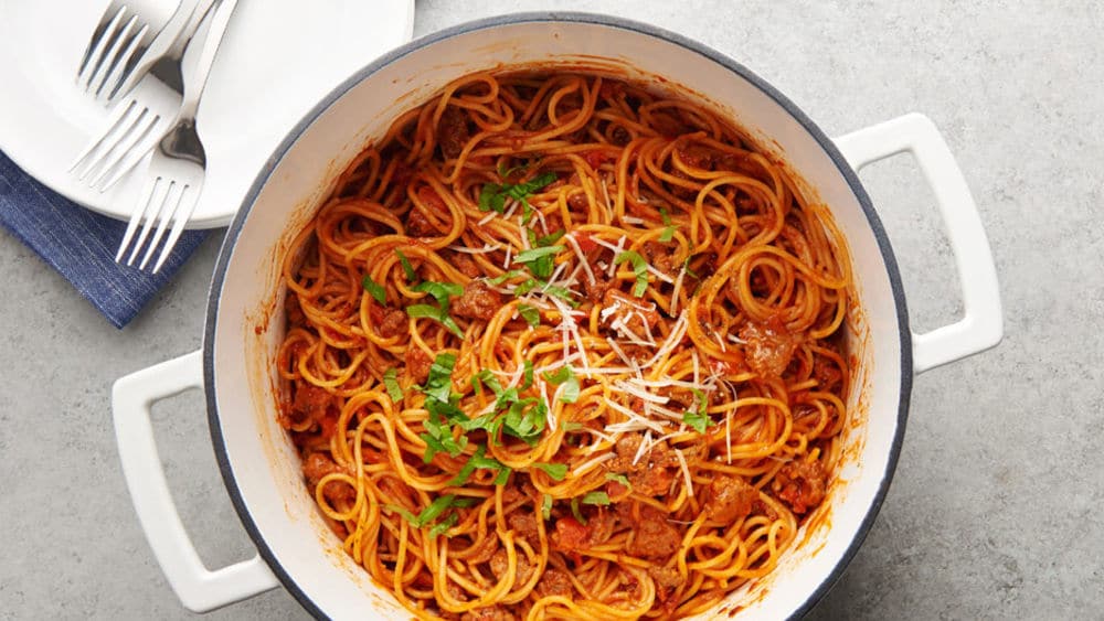 One Pot Creamy Spaghetti prepared recipe in a pot
